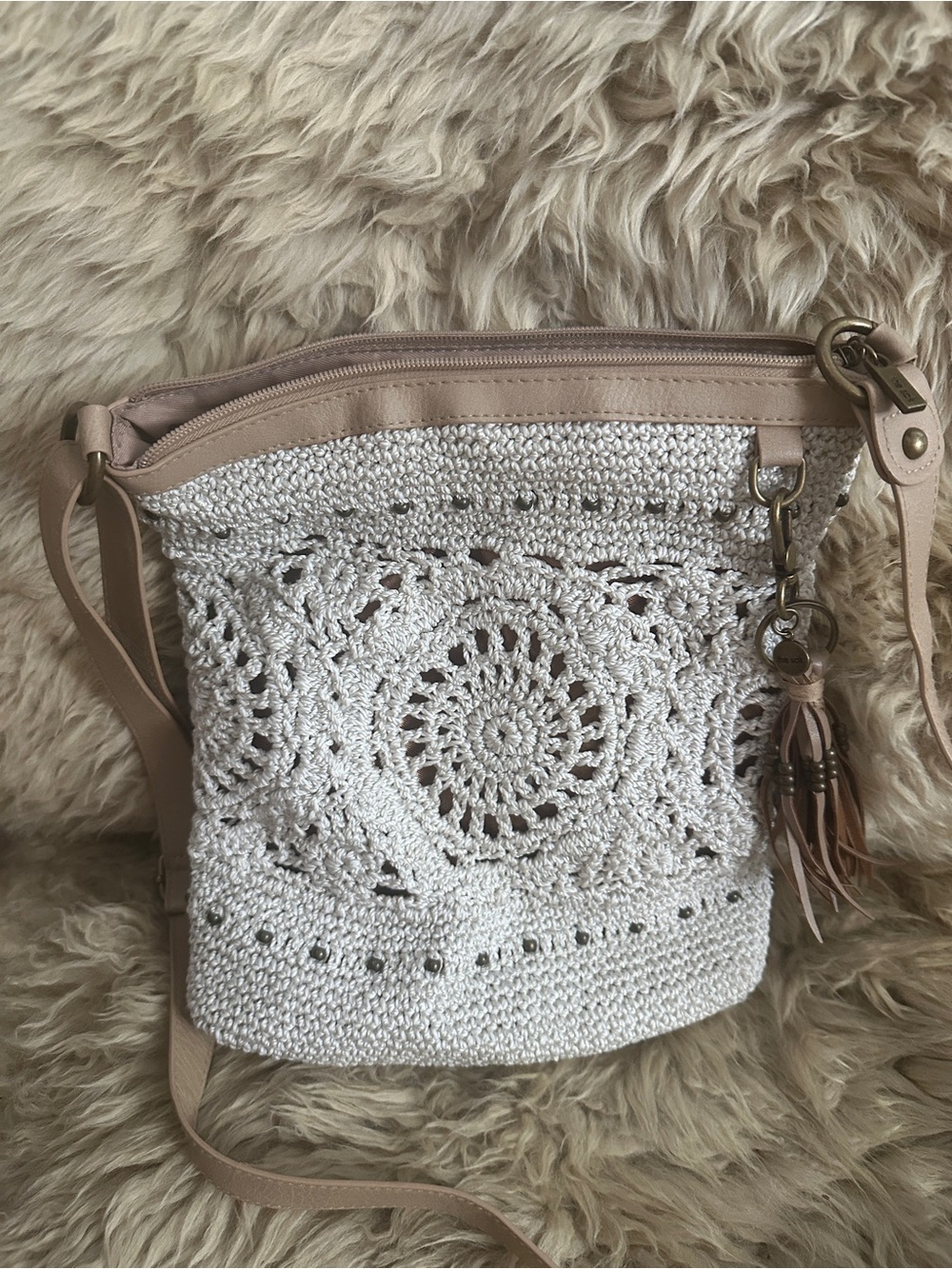 The Sak Cream Crochet Crossbody Bag with Tan Trim - Picture 2 of 4